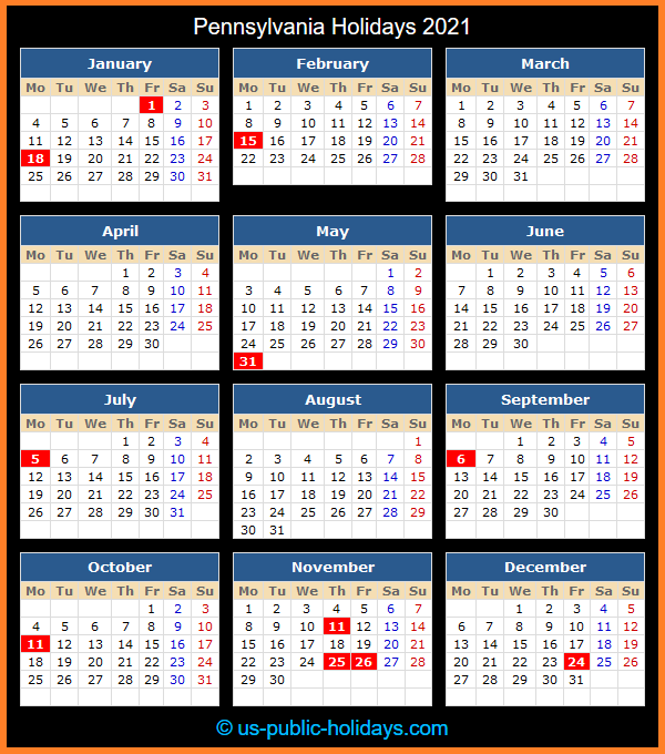 Pennsylvania Holiday Calendar 2021